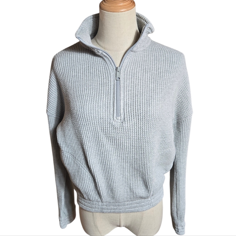 Aerie Gray Cropped Waffle Knit Quarter Zip Top Shirt